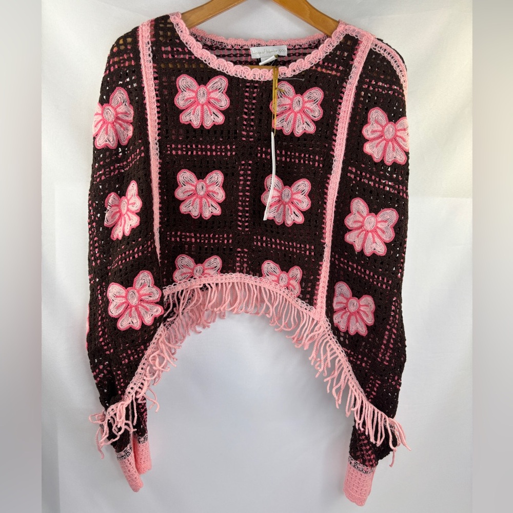 NEW House of Harlow 1960 Fringe Crochet Bow Brown Pink Coverup Poncho Sweater